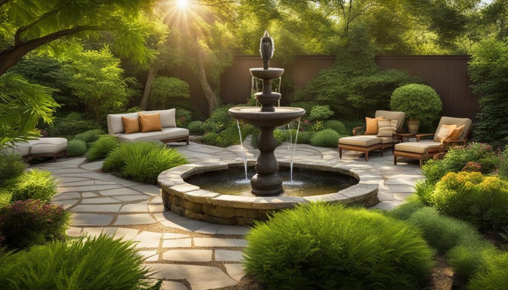landscaped backyard with comfortable patio furniture